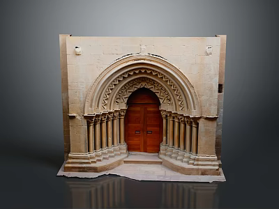Historic Arched Door With Wooden Panels Stone Columns And Intricate Carvings 3d model