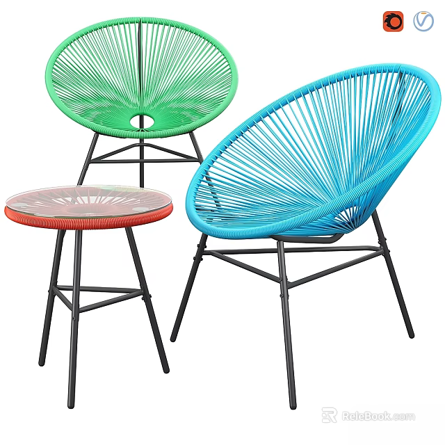 Woven Colorful Outdoor Table Chair Set With Green Blue Chairs And Red Metal Frame Tabletop 3d model 