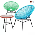 Woven Colorful Outdoor Table Chair Set With Green Blue Chairs And Red Metal Frame Tabletop