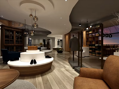 Modern Elegant Clothing Store Interior Featuring Display Area Sofa Bookshelf Chandeliers And Wooden Floors 3d model