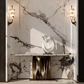 Modern Entryway Design With Marble Wall Wall Sconces And Console Table With White Sculpture