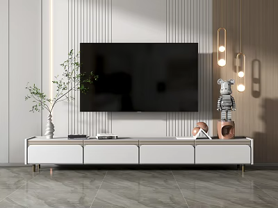 Modern TV Stand With Flat Screen TV Decorative Items And Green Plant 3d model