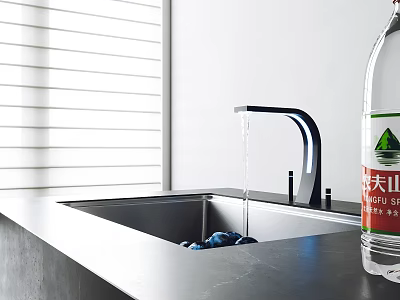 Contemporary Kitchen Faucet With Flowing Water Over Stainless Steel Sink And Countertop Near Window Blinds 3d model