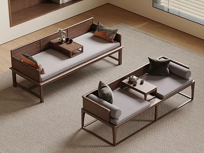 Modern Living Room Featuring Wooden Sofa Sets With Cushions And Coffee Tables 3d model