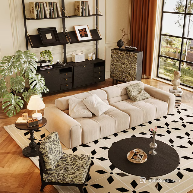 Beige Upholstered Sofa And Black Coffee Table With Geometric Rug Green Plant And Floor Lamp 3d model 