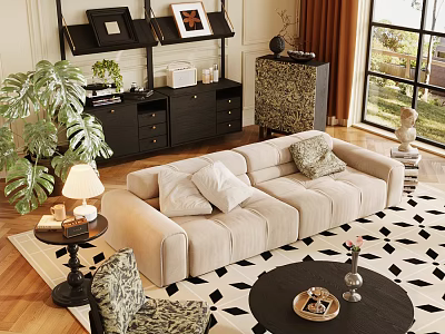 Beige Upholstered Sofa And Black Coffee Table With Geometric Rug Green Plant And Floor Lamp 3d model