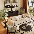 Beige Upholstered Sofa And Black Coffee Table With Geometric Rug Green Plant And Floor Lamp