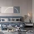Cozy Kids Room Interior With Blue Bed Wooden Desk Toys And Decorative Rug