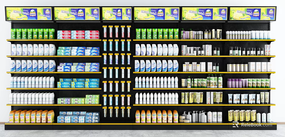 Organized Retail Display Shelves With Various Colorful Packaged Goods And Products 3d model 