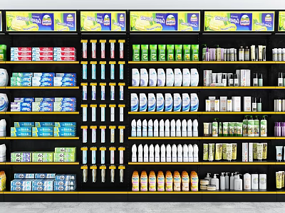 Organized Retail Display Shelves With Various Colorful Packaged Goods And Products 3d model