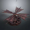 Traditional Windmill Architectural Structure With Wooden Blades And Central Axis