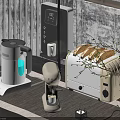 Modern White Kitchen Appliances Kettle Water Dispenser Coffee Maker Toaster With Bread On Countertop