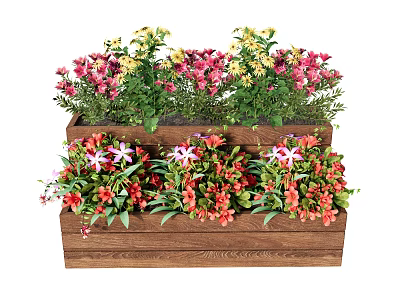 Two Tiered Wooden Planters With Pink Red Yellow Flowers And Green Leaves 3d model