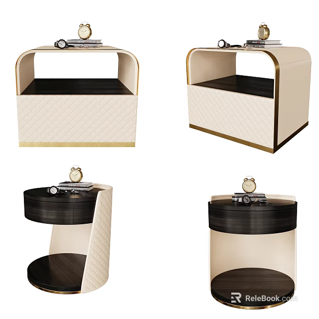Elegant Modern Nightstand Design With Quilted Details Beige Black Finish And Gold Accents 3d model 