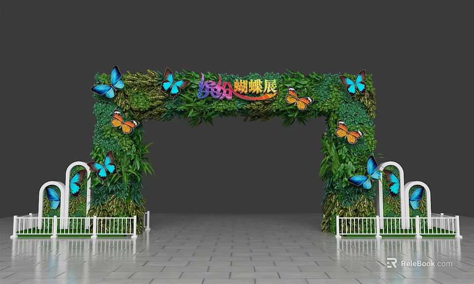 Decorative Event Gateway for Butterfly Exhibition with Colorful Butterflies Green Foliage and White Railings 3d model 