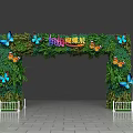 Decorative Event Gateway for Butterfly Exhibition with Colorful Butterflies Green Foliage and White Railings