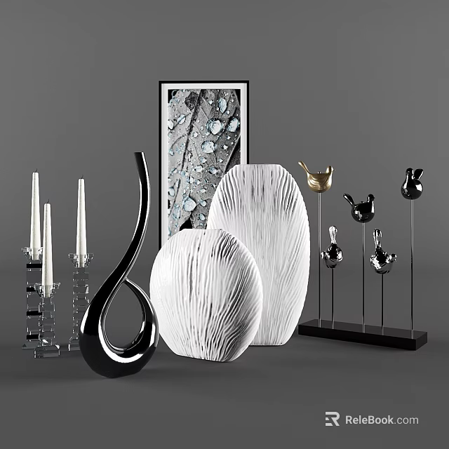 Modern Decorative Ornament Set With Sleek Vase Textured Bowls Candle Holders And Bird Figurines 3d model 
