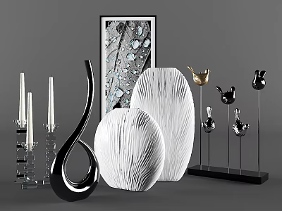 Modern Decorative Ornament Set With Sleek Vase Textured Bowls Candle Holders And Bird Figurines 3d model