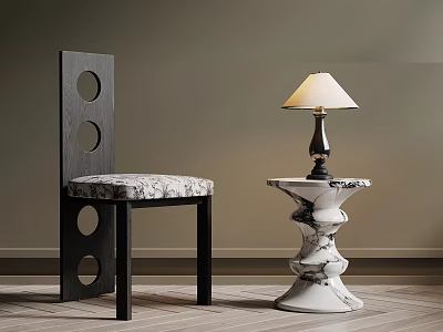 Modern Black Frame Chair With Circular Cutouts And White Marble Table Lamp 3d model