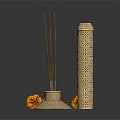 Traditional Decorative Brass Incense Burner With Incense Sticks And Orange Flowers