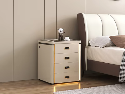 Modern Beige Nightstand with Four Drawers LED Lighting Beside White Bed 3d model
