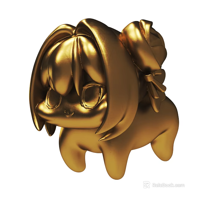 Golden 3D Cute Cartoon Figure With Bow And Sculpture Design 3d model 