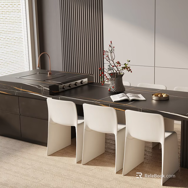 Modern Dining Table Set With Black Countertop White Chairs Vase And Open Book 3d model 