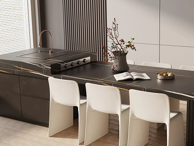 Modern Dining Table Set With Black Countertop White Chairs Vase And Open Book 3d model