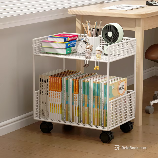White Multi Layer Storage Cart With Wheels Books Alarm Clock Fan And Dolls 3d model 