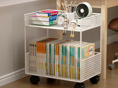White Multi Layer Storage Cart With Wheels Books Alarm Clock Fan And Dolls 3d model