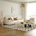Modern White Sofa Coffee Table Set with Throw Pillows Armchair Geometric Rug and Floor Lamp