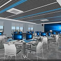 School Modern Computer Classroom With Computers Blue Screens White Desks And Chairs Spacious Windows 3d model