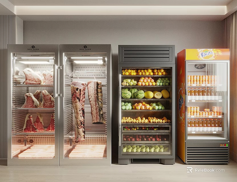 Commercial Glass Door Refrigerators Freezers With Meat Fruits Vegetables And Beverages 3d model 