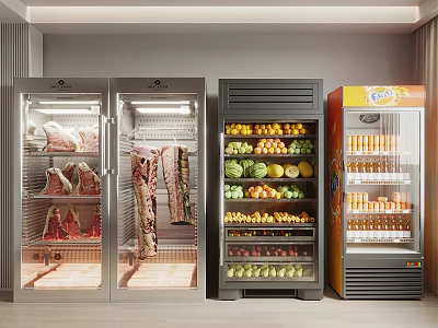 Commercial Glass Door Refrigerators Freezers With Meat Fruits Vegetables And Beverages 3d model