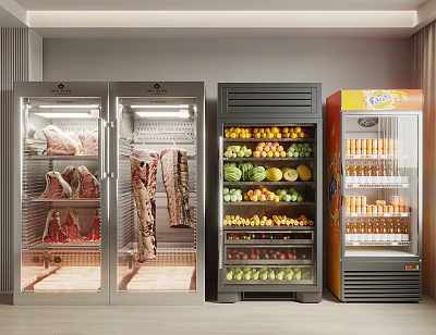 Commercial Glass Door Refrigerators Freezers With Meat Fruits Vegetables And Beverages 3d model