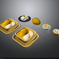 Delicious Homemade Mango Pudding Bowls Served With Square Dessert Fresh Mango Nuts And Round Pastries