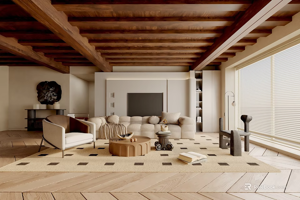 Cozy Living Room Interior With Wooden Ceiling White Sofa Coffee Table Rug And Large Windows 3d model 