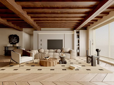 Cozy Living Room Interior With Wooden Ceiling White Sofa Coffee Table Rug And Large Windows 3d model
