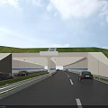 Highway Tunnel Entrance With Two Way Lanes And Green Slopes For Vehicles