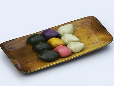 Colorful Glutinous Rice Cakes on Wooden Plate with Multiple Colors and Soft Texture 3d model