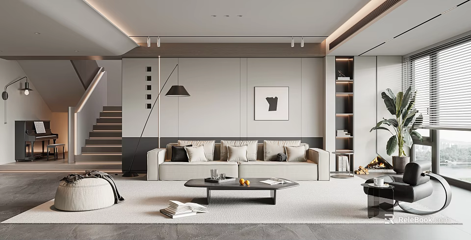 Modern Living Room With Beige Sofa Coffee Table And Art Decor 3d model 