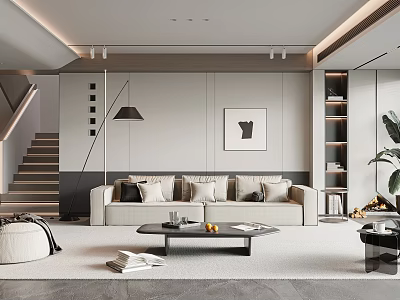 Modern Living Room With Beige Sofa Coffee Table And Art Decor 3d model