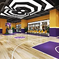 Basketball Gym Interior With Purple Decor Front Desk Sports Academy Logo And Wooden Floor
