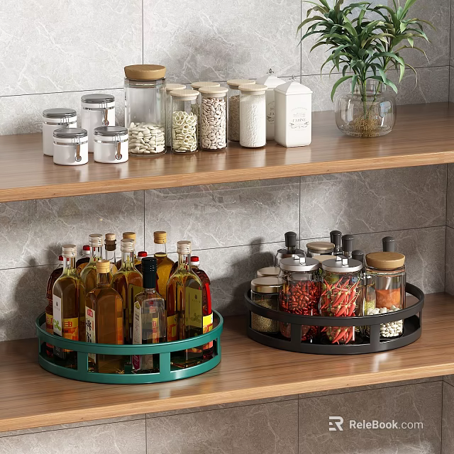 Green And Black Rotating Kitchen Storage Racks Organizing Spice Bottles And Food Jars 3d model 