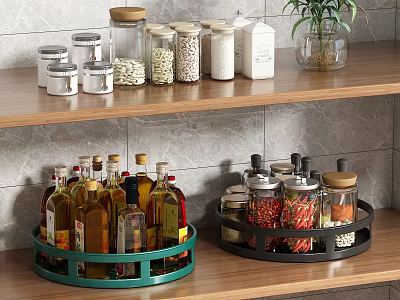 Green And Black Rotating Kitchen Storage Racks Organizing Spice Bottles And Food Jars 3d model