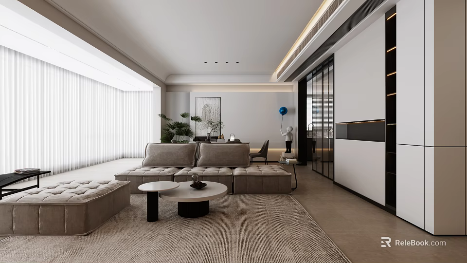 Modern Living and Dining Room Interior With Beige Sofa Coffee Table Dining Table And Lighting 3d model