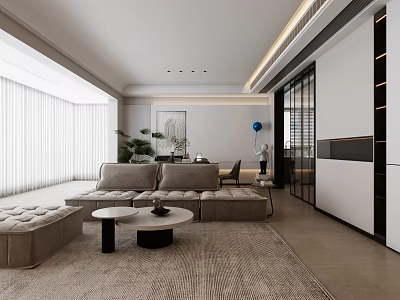 Modern Living and Dining Room Interior With Beige Sofa Coffee Table Dining Table And Lighting 3d model