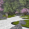 Park Landscape With Green Lawns Winding Paths Pink Flowering Trees And Serene Water Features