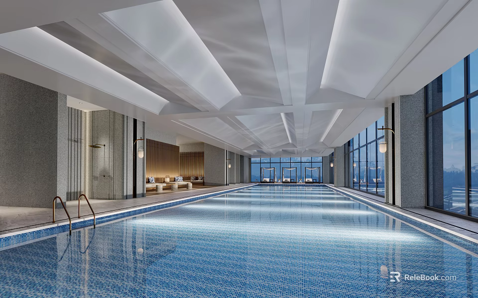 Modern Indoor Swimming Pool Interior Design With Large Windows Ceiling Lighting And Glowing Water Surface 3d model 