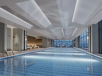 Modern Indoor Swimming Pool Interior Design With Large Windows Ceiling Lighting And Glowing Water Surface 3d model